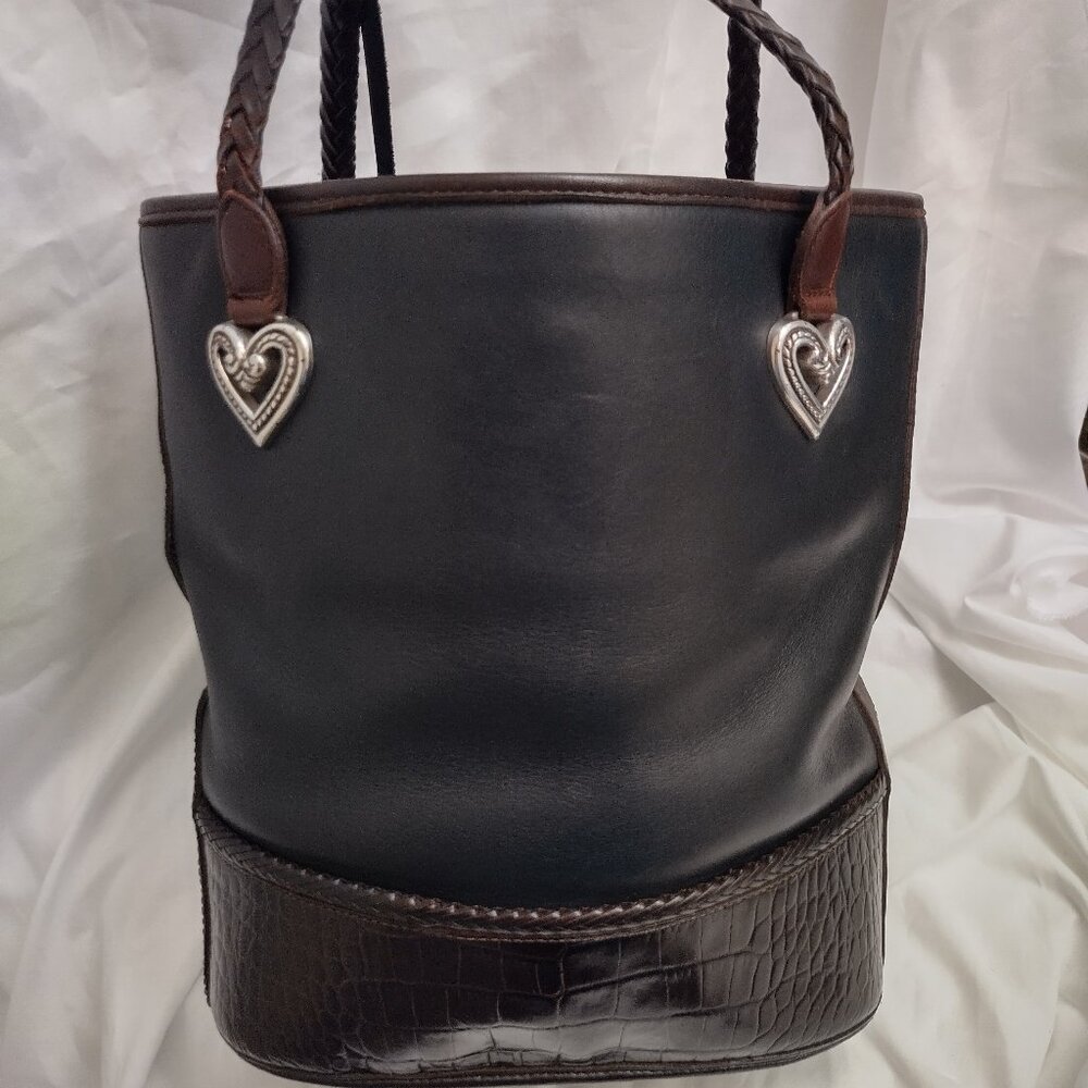*BRIGHTON LEATHER TOTE HANDBAG, GOOD COND, THICK LEATHER HEART CHARMS LONG STRAP